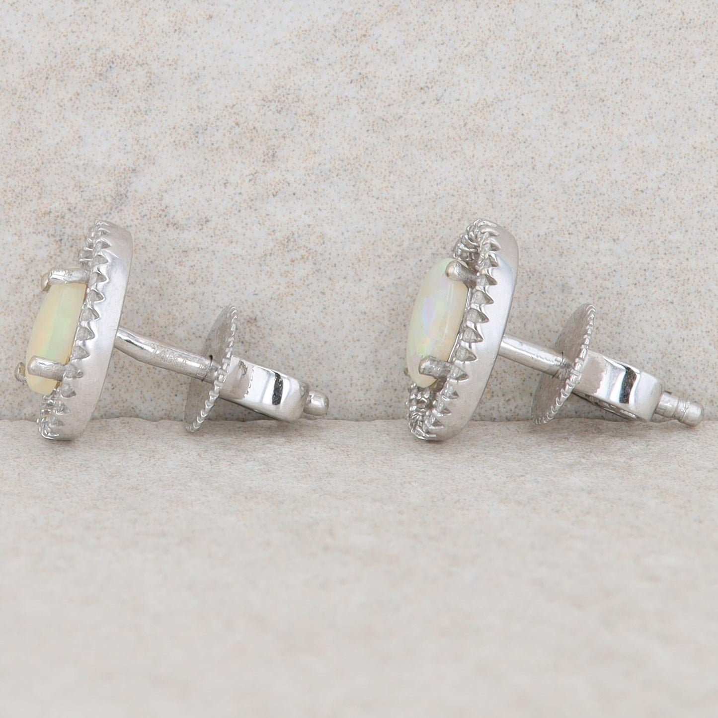 14k White Gold Oval Opal Diamond Halo Stud Earrings
