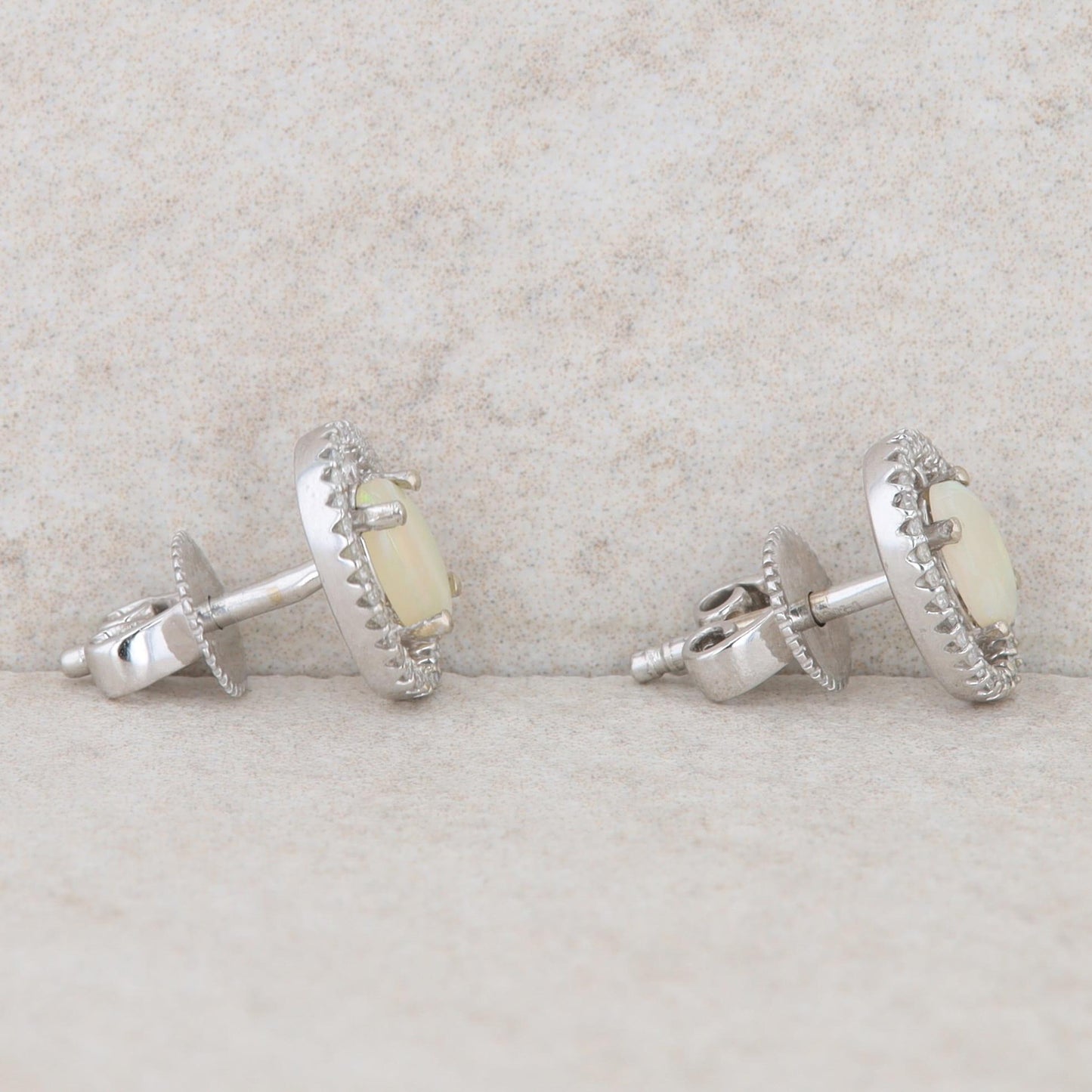 14k White Gold Oval Opal Diamond Halo Stud Earrings