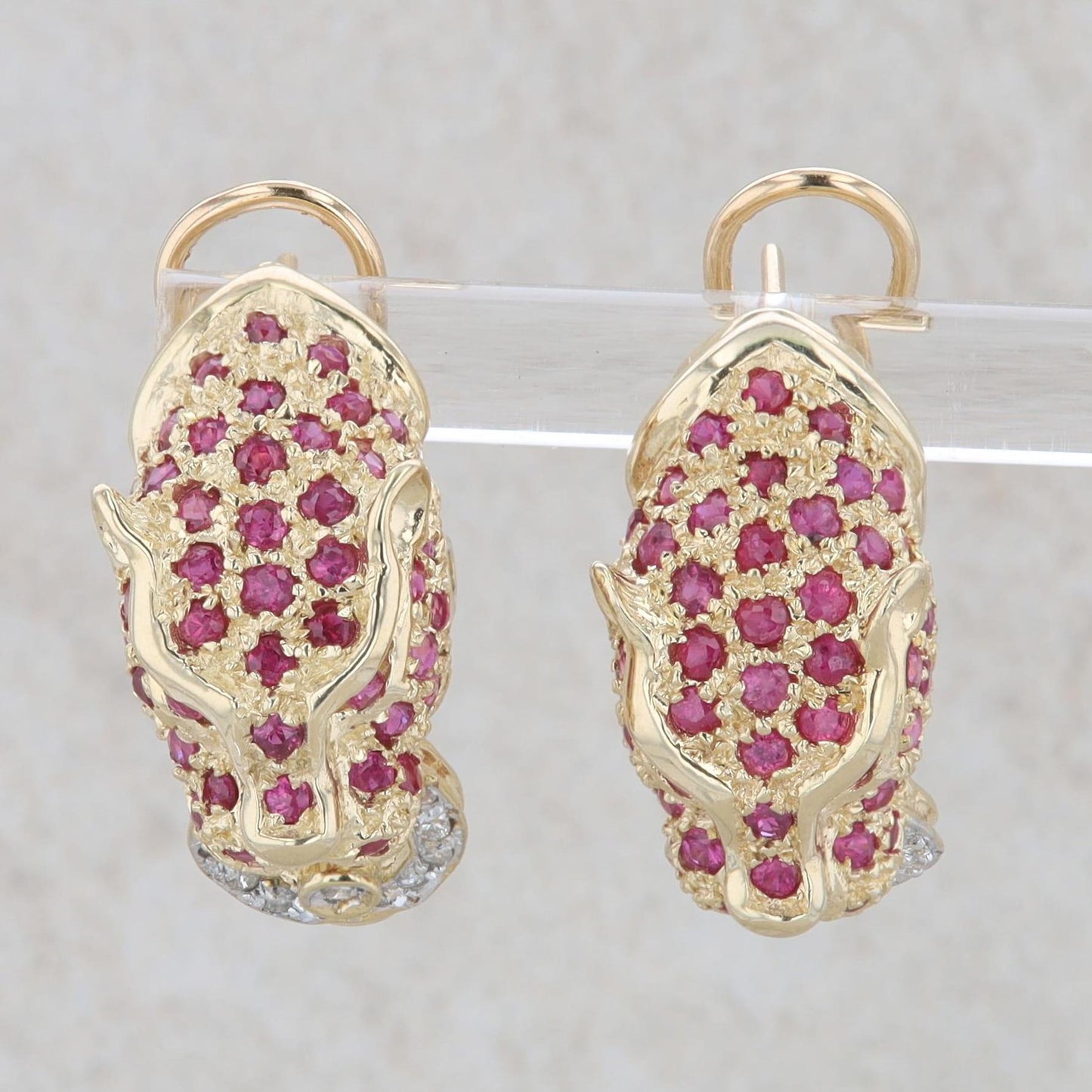 Heng Ngai 14k Yellow Gold Ruby & Diamond Leopard Omega Back Earrings