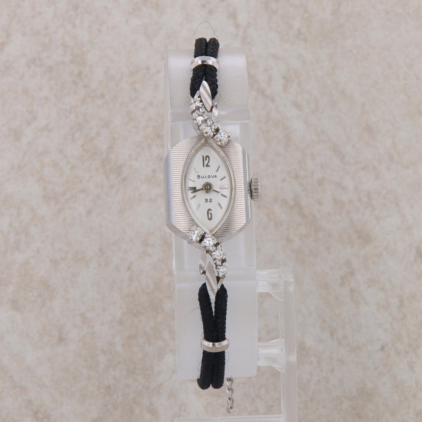 14k White Gold Ladies Bulova Watch with Leather Corded Band