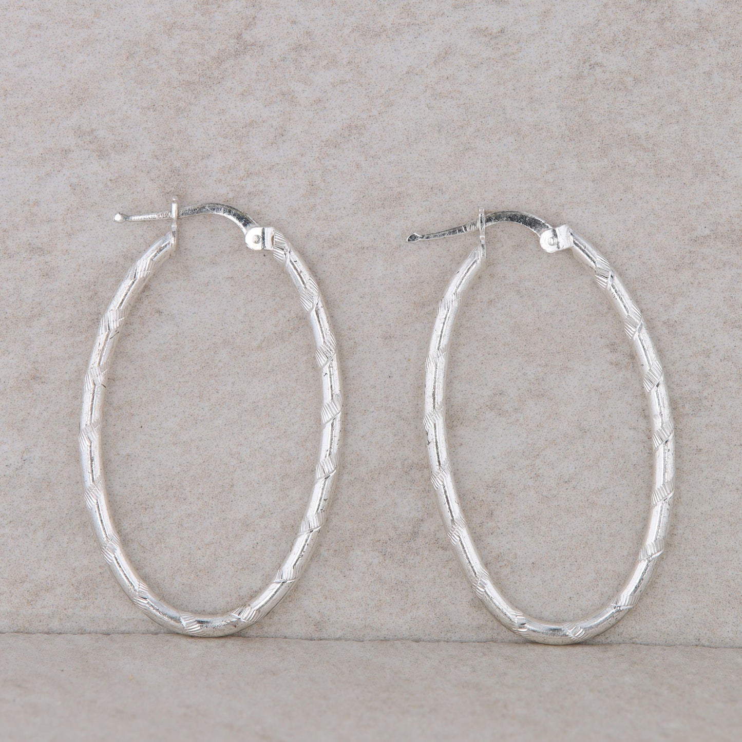 Sterling Silver Textured Oval Hoop Earrings 3.8g