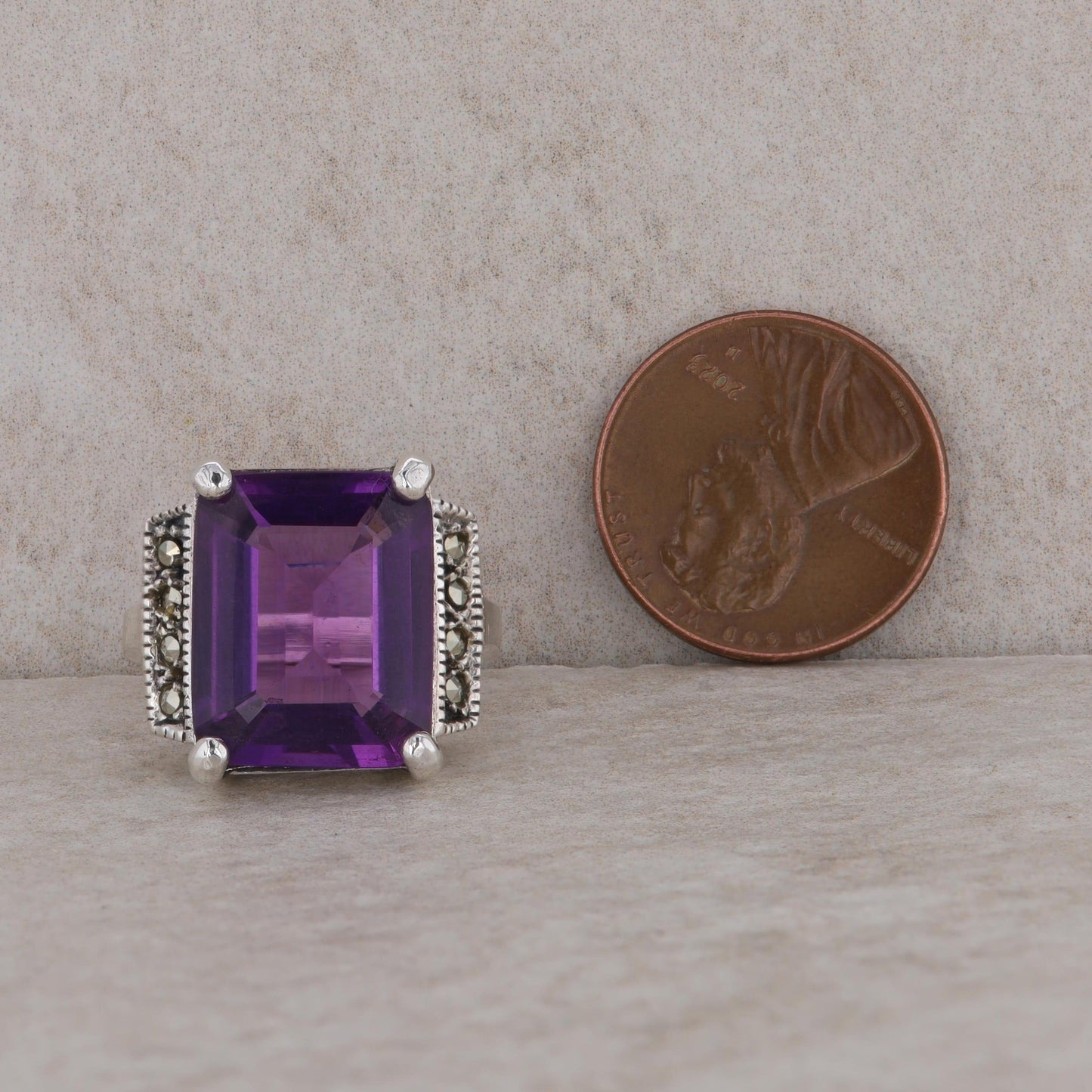 Sterling Silver Emerald Cut Imitation Amethyst and Marcasite Ring
