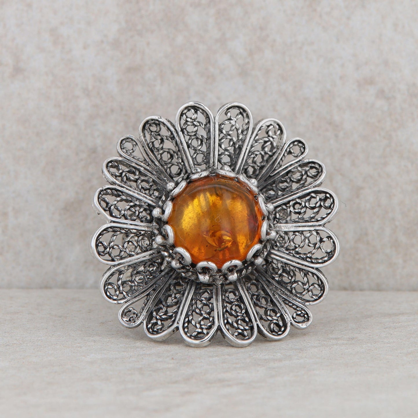 Sterling Silver Amber Cabochon Floral Statement Ring