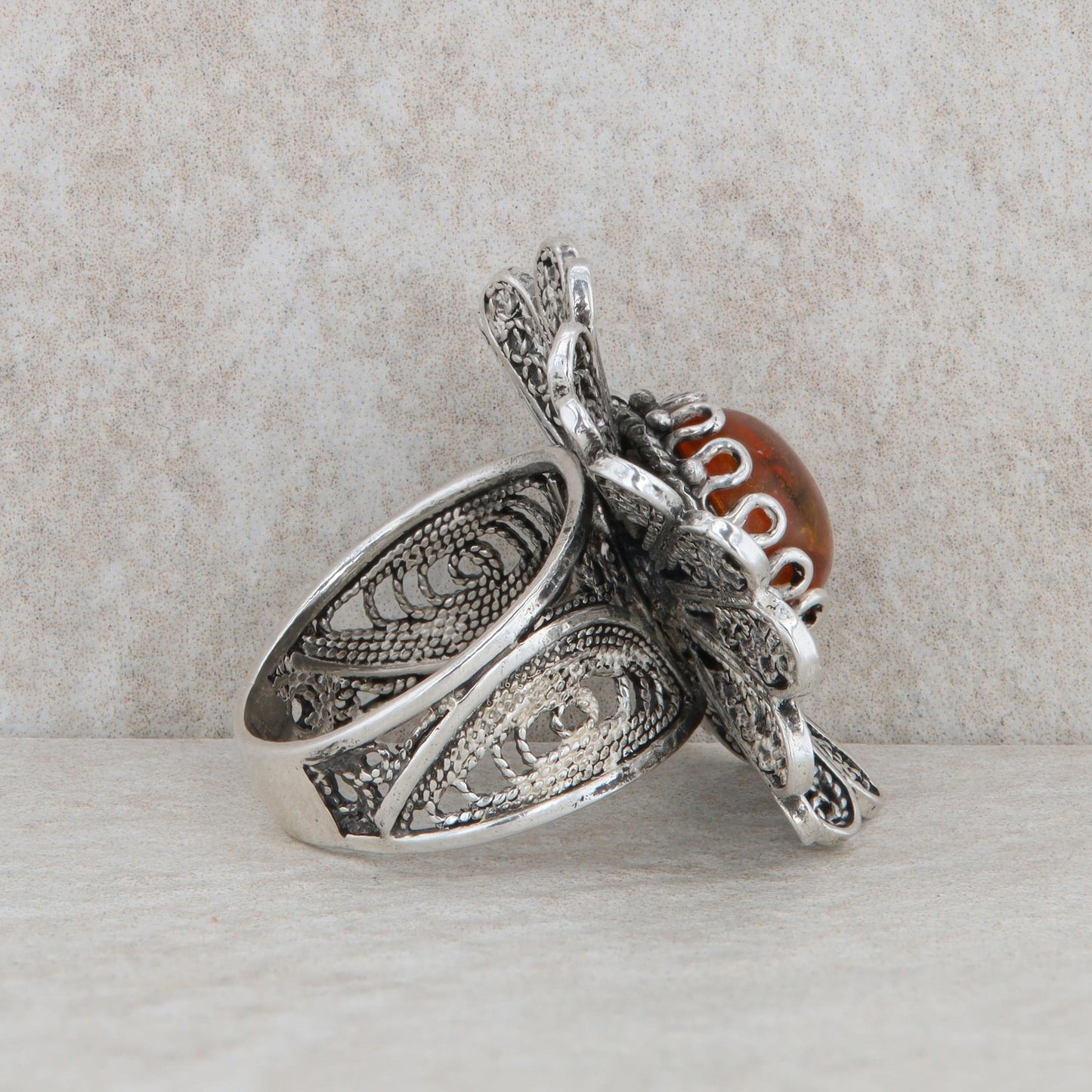Sterling Silver Amber Cabochon Floral Statement Ring