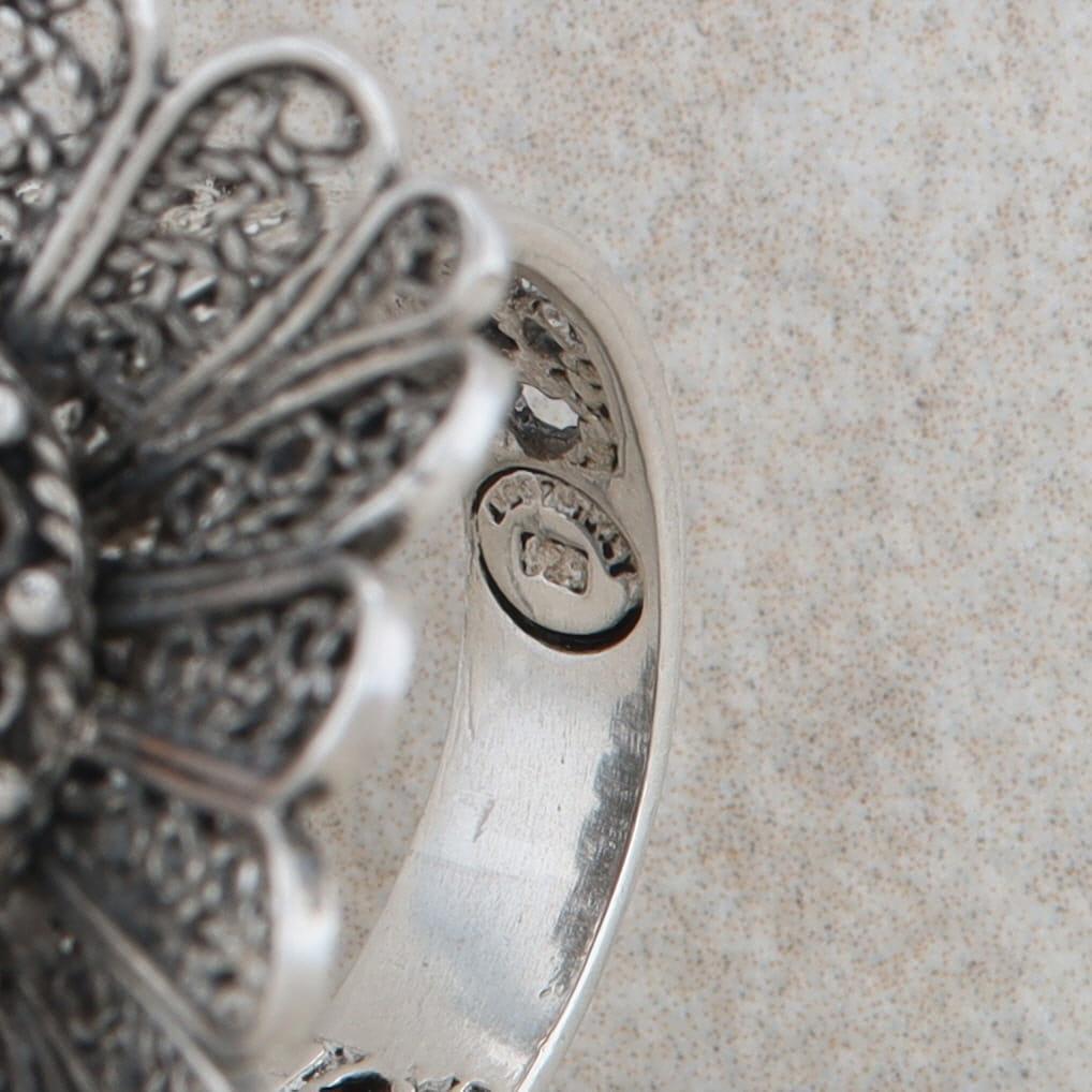 Sterling Silver Amber Cabochon Floral Statement Ring