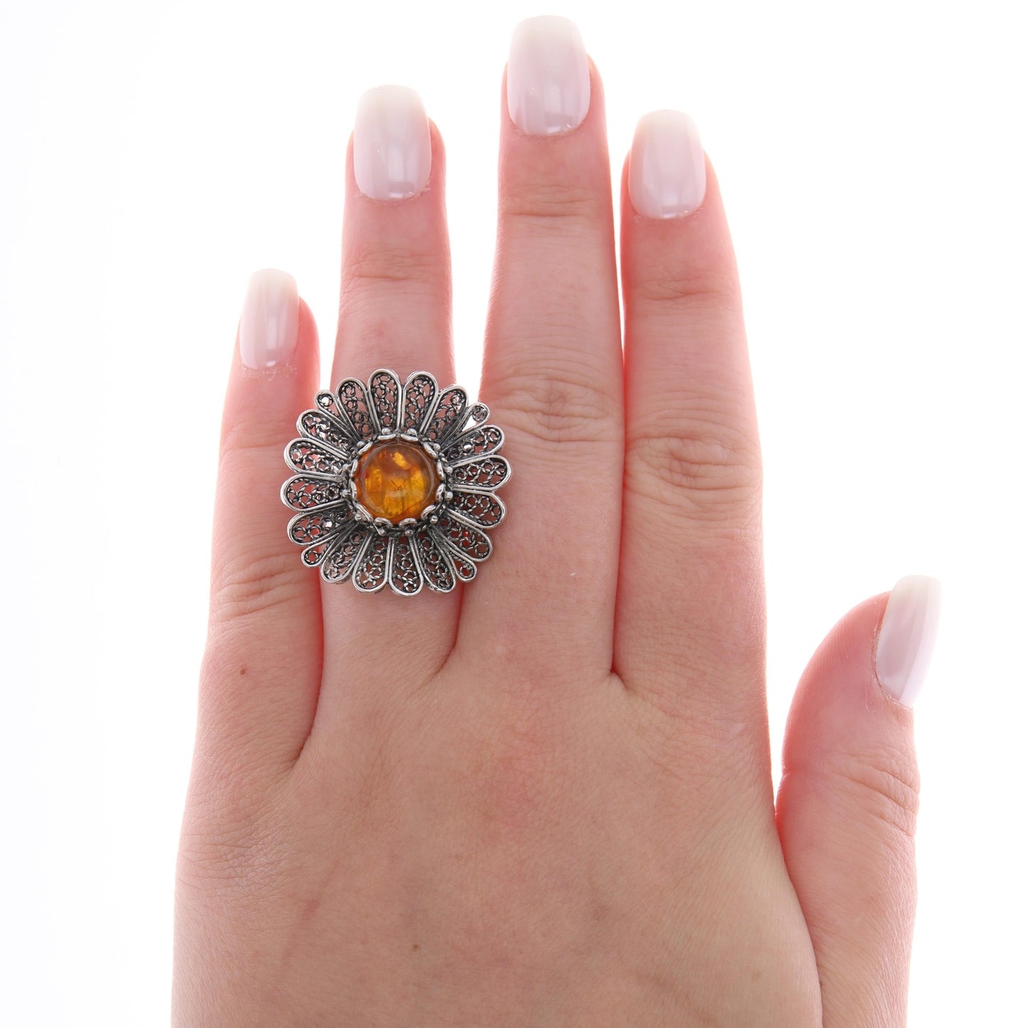 Sterling Silver Amber Cabochon Floral Statement Ring