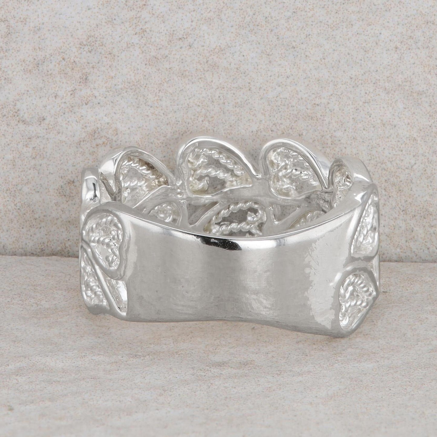 Sterling Silver Double Row Heart Wide Band 4.7g