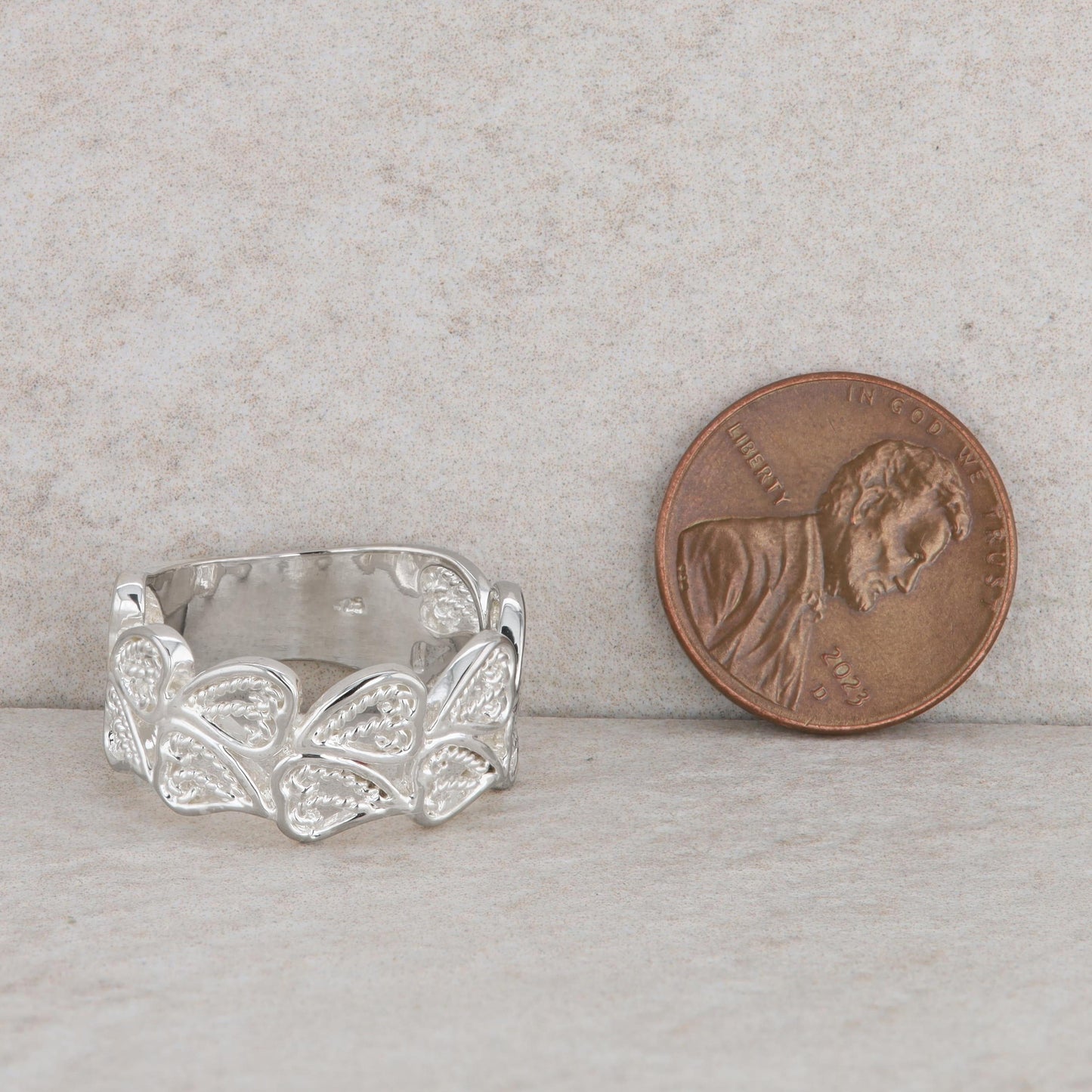 Sterling Silver Double Row Heart Wide Band 4.7g