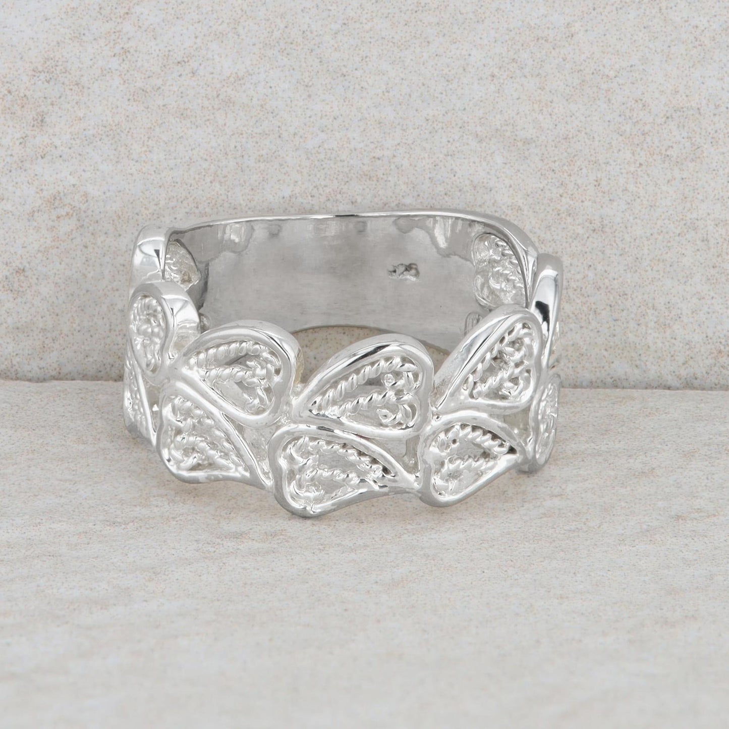 Sterling Silver Double Row Heart Wide Band 4.7g