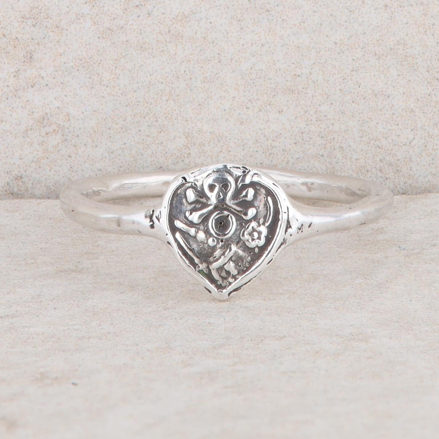 Sterling Silver Branded Pyrrha Mini Skull Ring