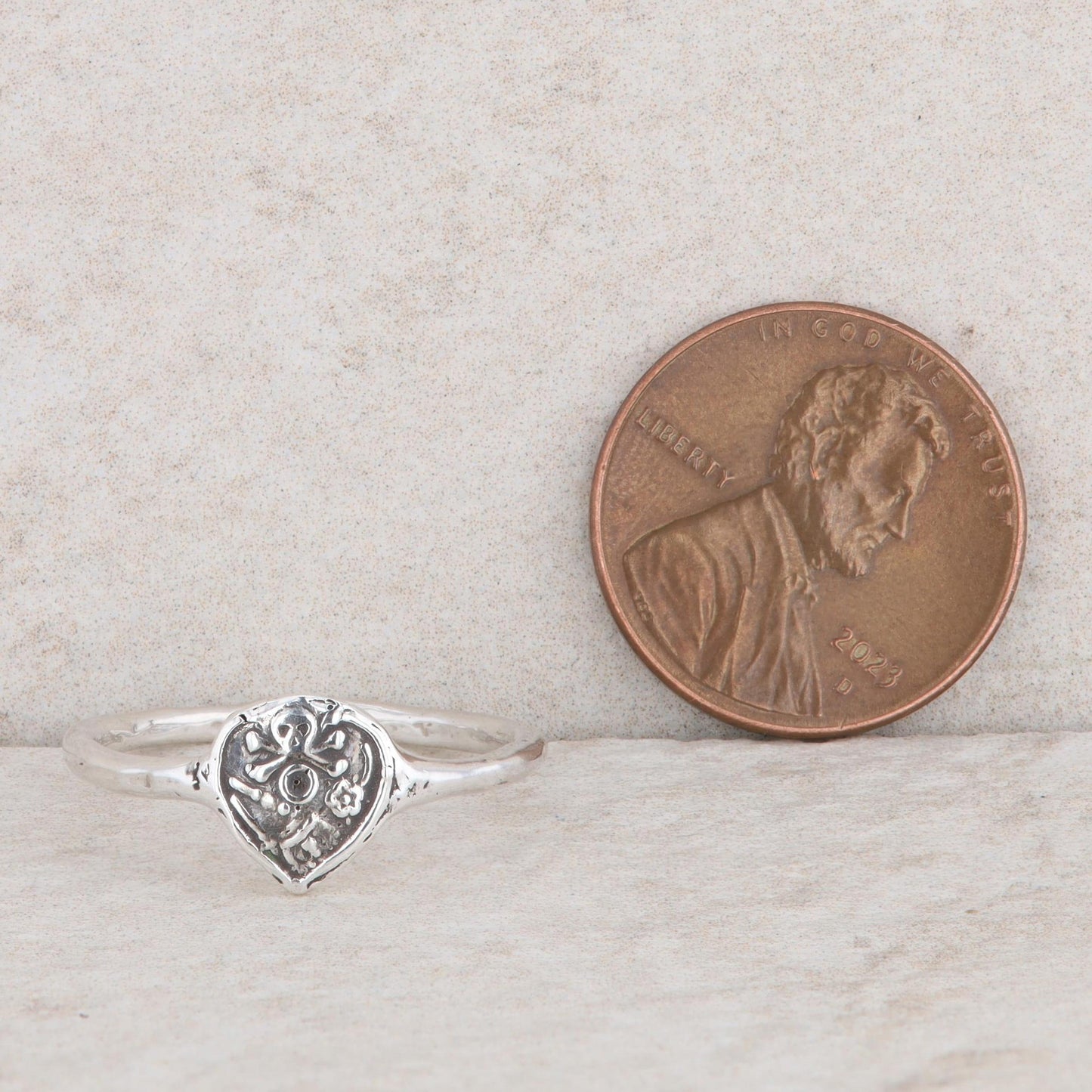 Sterling Silver Branded Pyrrha Mini Skull Ring