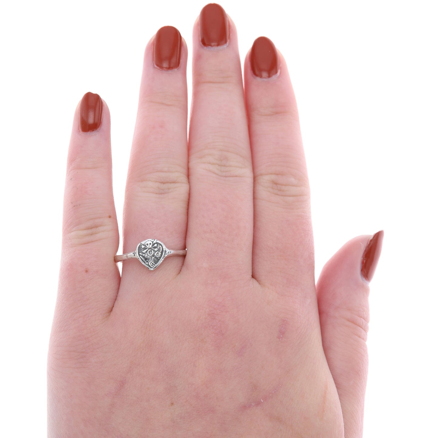 Sterling Silver Branded Pyrrha Mini Skull Ring