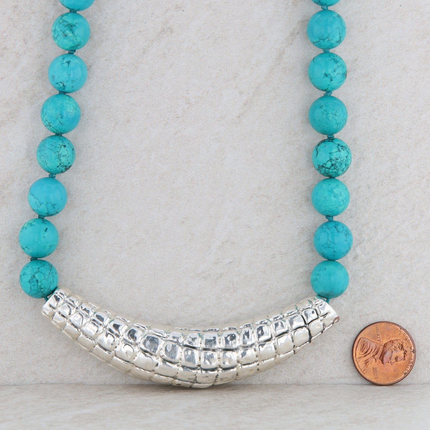 Sterling Silver Crocodile Skin Turquoise Bead Smile Necklace