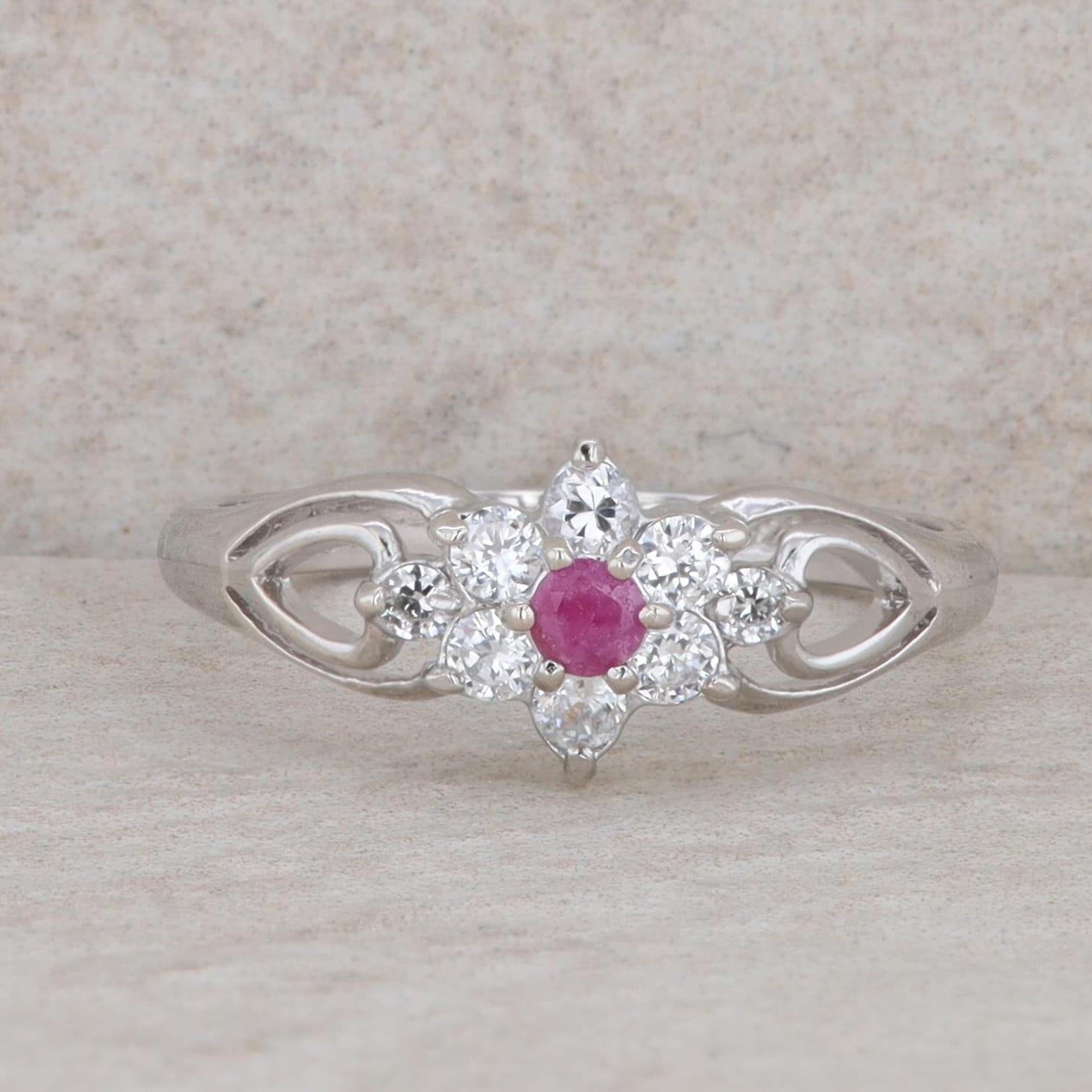 Sterling Silver Round Ruby & Cubic Zirconia Halo Floral Cutout Ring