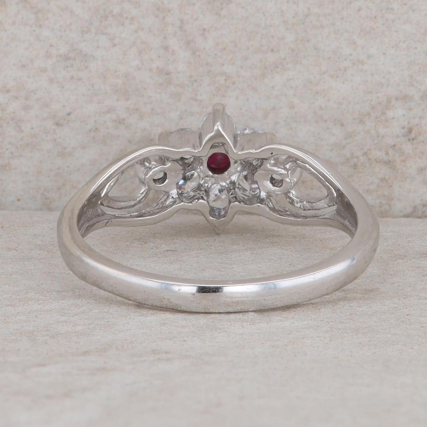 Sterling Silver Round Ruby & Cubic Zirconia Halo Floral Cutout Ring