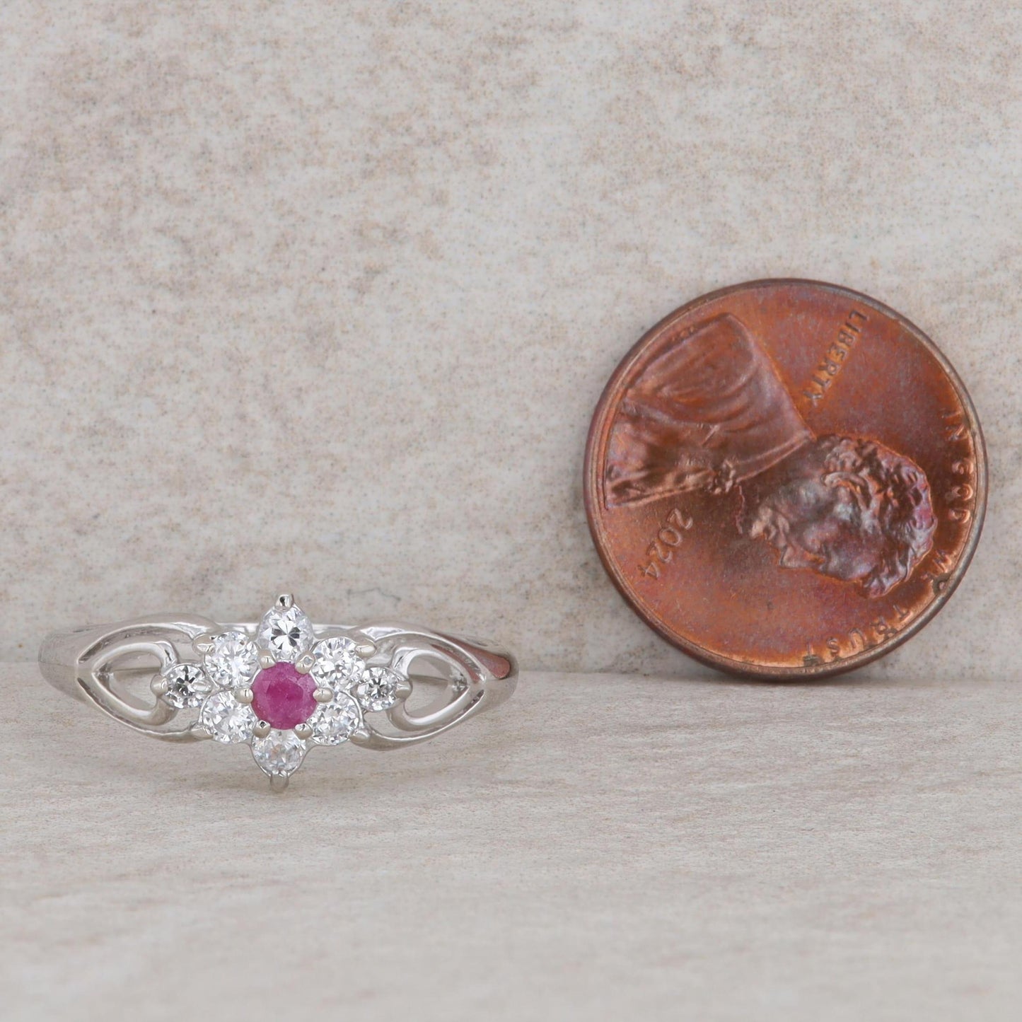 Sterling Silver Round Ruby & Cubic Zirconia Halo Floral Cutout Ring