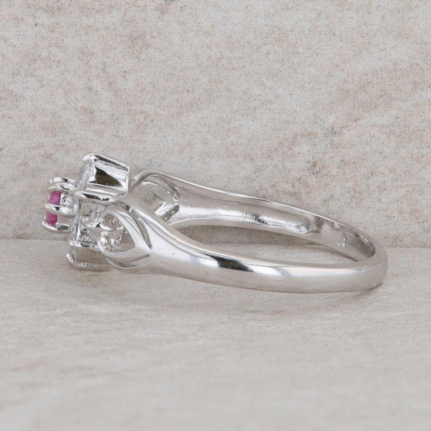 Sterling Silver Round Ruby & Cubic Zirconia Halo Floral Cutout Ring