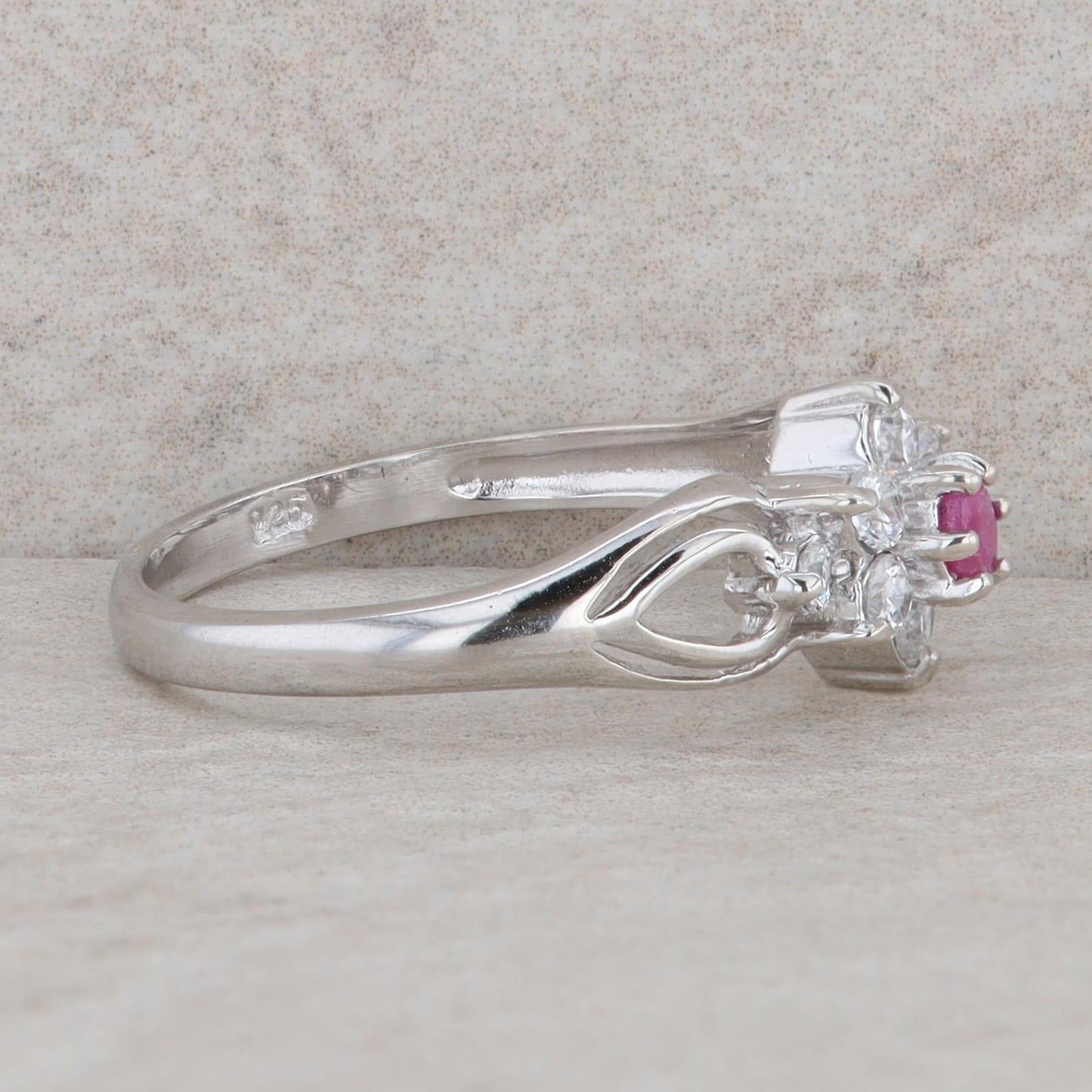 Sterling Silver Round Ruby & Cubic Zirconia Halo Floral Cutout Ring
