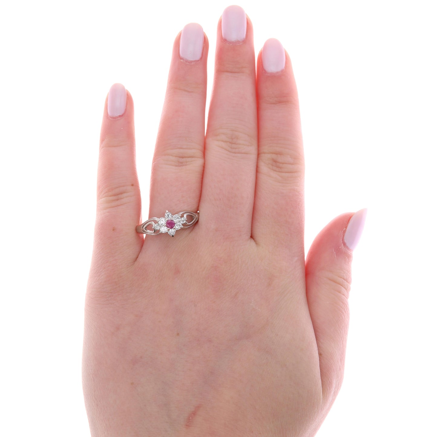 Sterling Silver Round Ruby & Cubic Zirconia Halo Floral Cutout Ring