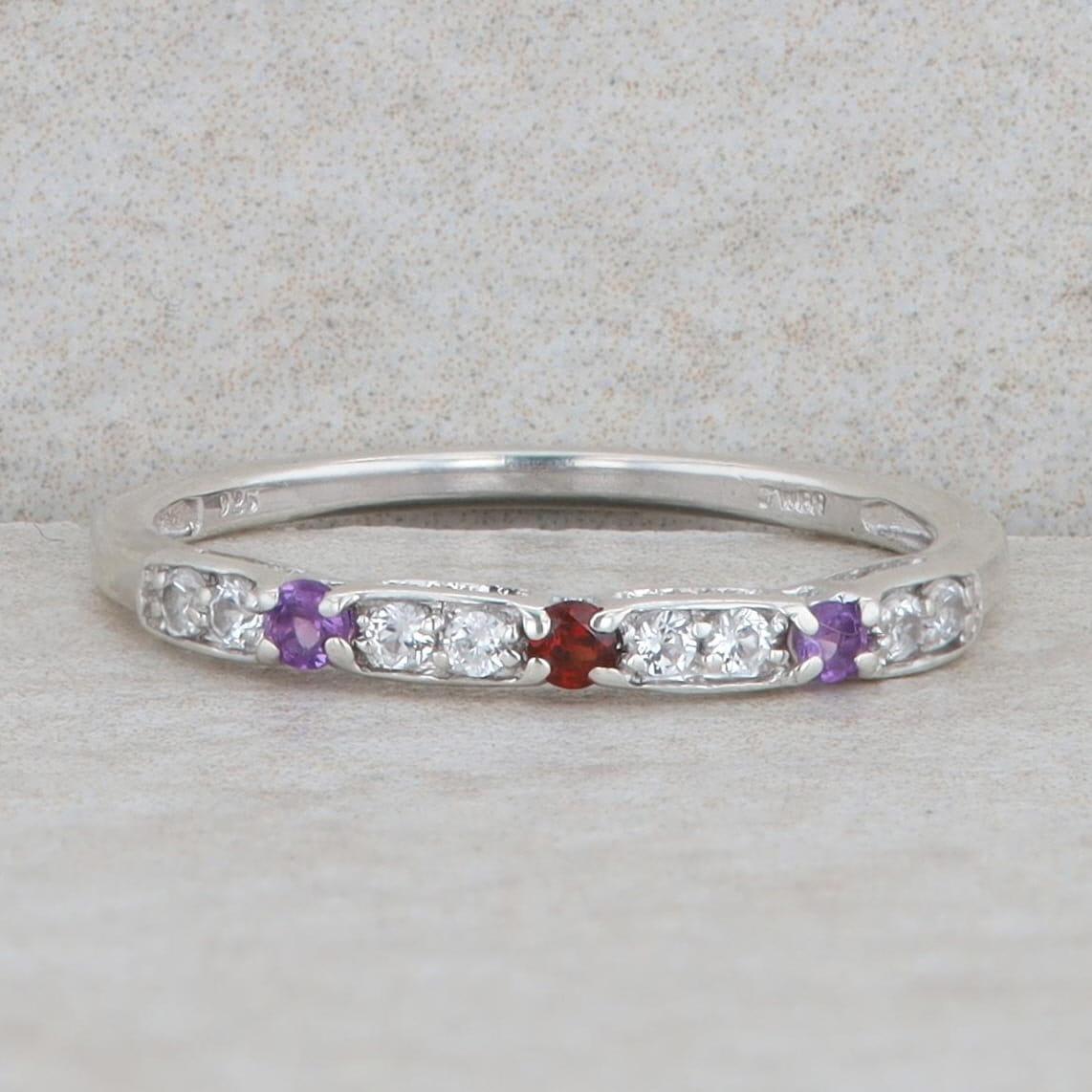 Sterling Silver Amethyst, Garnet & Cubic Zirconia Alternating Band