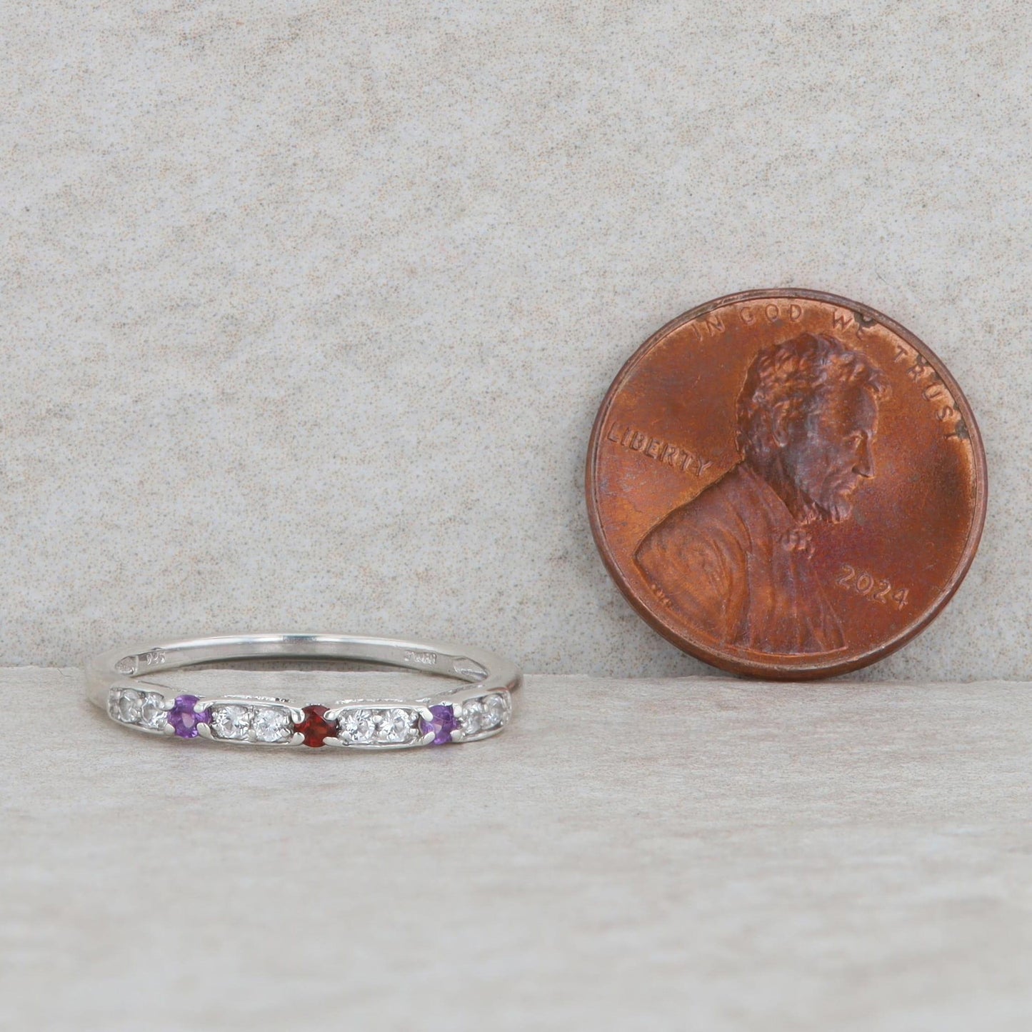 Sterling Silver Amethyst, Garnet & Cubic Zirconia Alternating Band