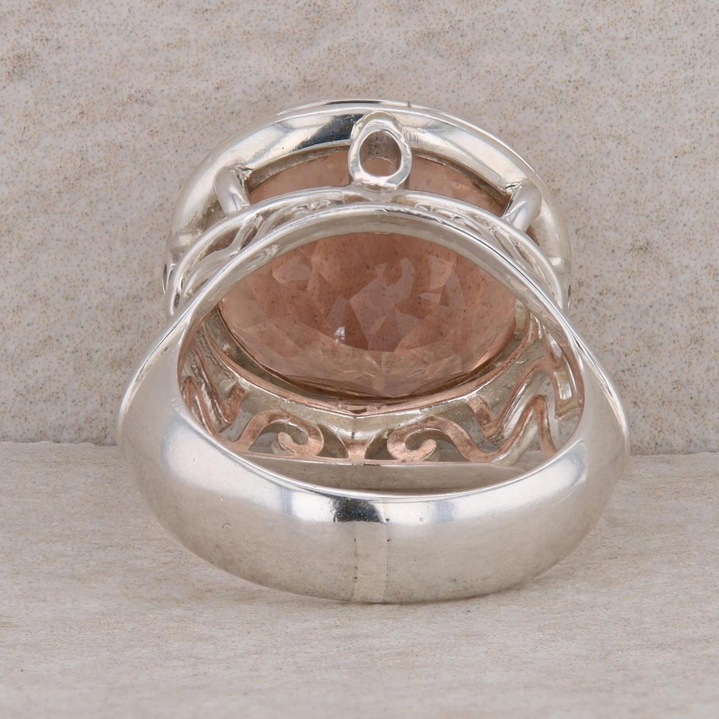 Sterling Silver East West Set Peach Colored Glass Filigree Ring