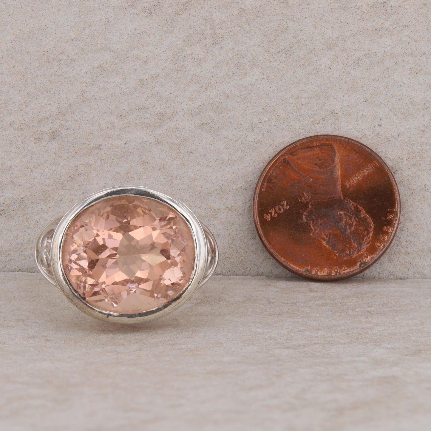 Sterling Silver East West Set Peach Colored Glass Filigree Ring