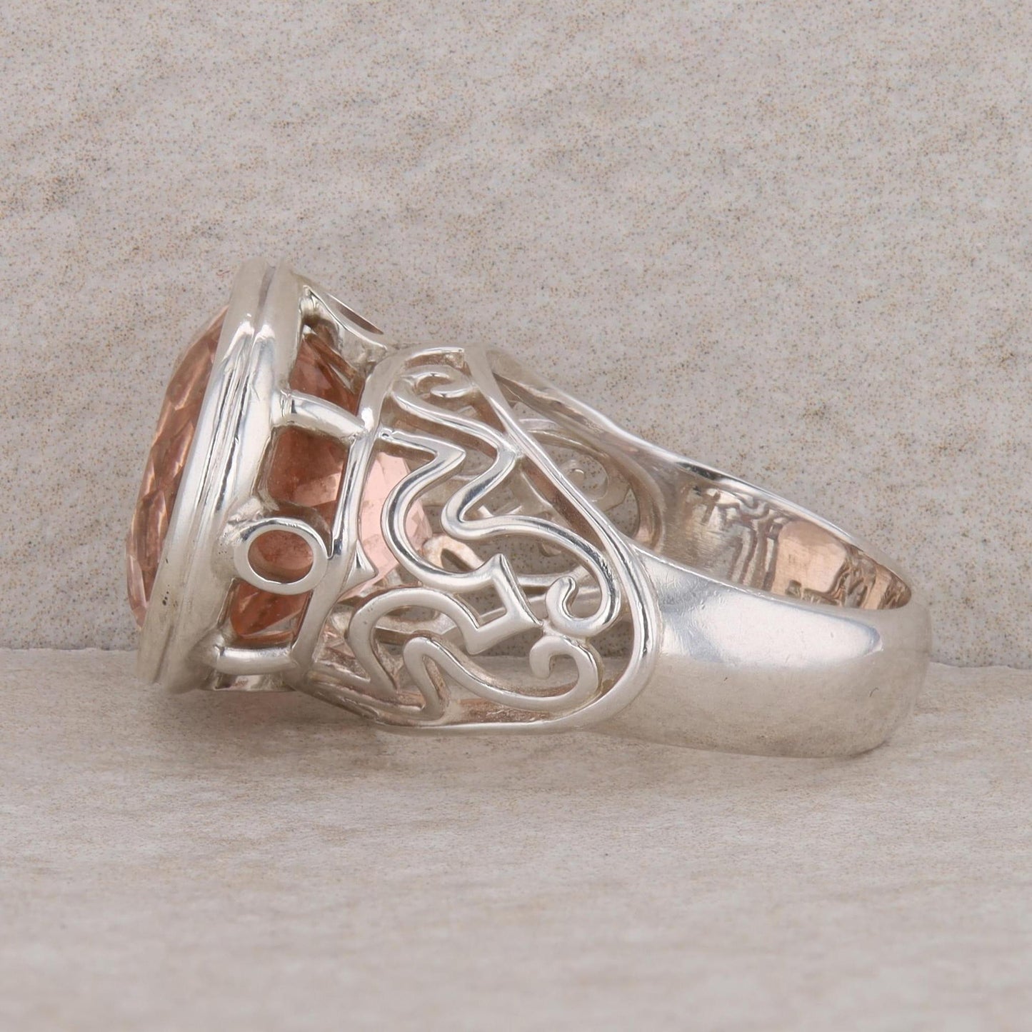 Sterling Silver East West Set Peach Colored Glass Filigree Ring