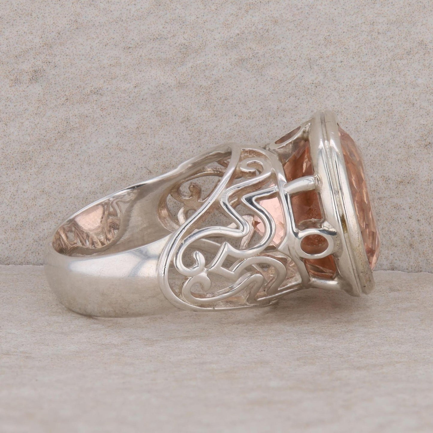 Sterling Silver East West Set Peach Colored Glass Filigree Ring