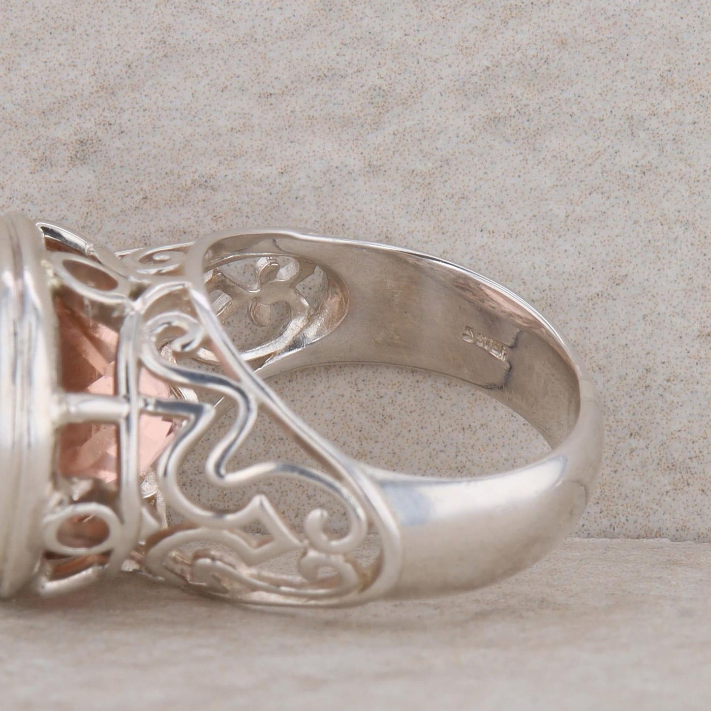 Sterling Silver East West Set Peach Colored Glass Filigree Ring