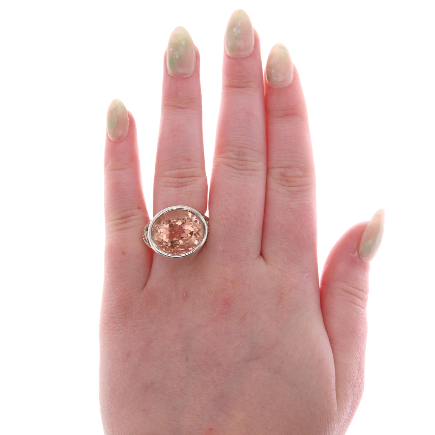 Sterling Silver East West Set Peach Colored Glass Filigree Ring