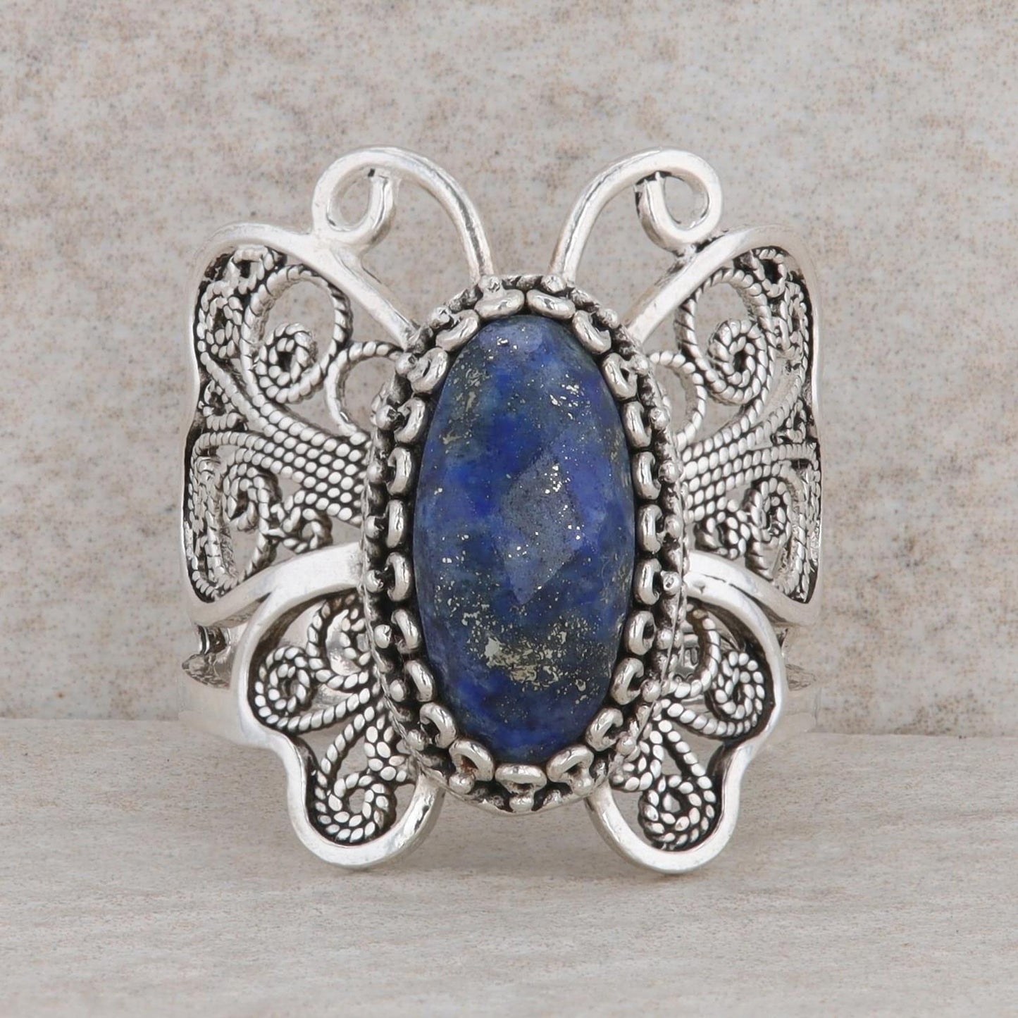 Sterling Silver Oval Checkerboard Cut Lapis Butterfly Ring