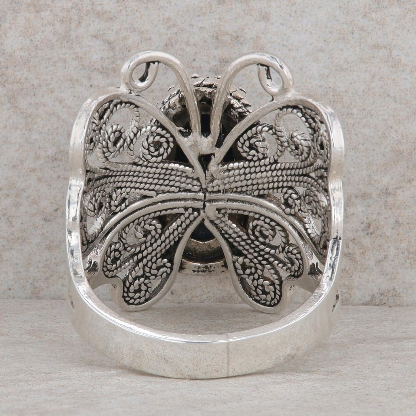 Sterling Silver Oval Checkerboard Cut Lapis Butterfly Ring