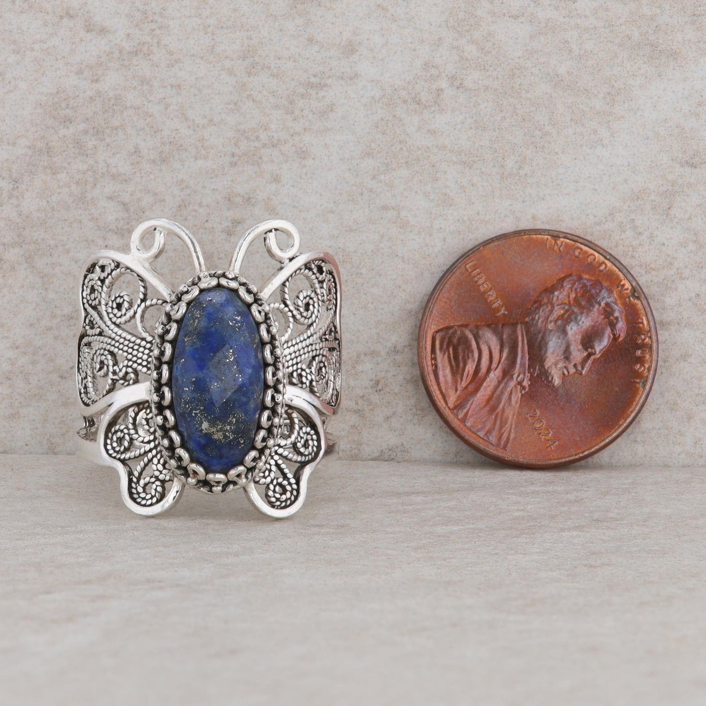 Sterling Silver Oval Checkerboard Cut Lapis Butterfly Ring