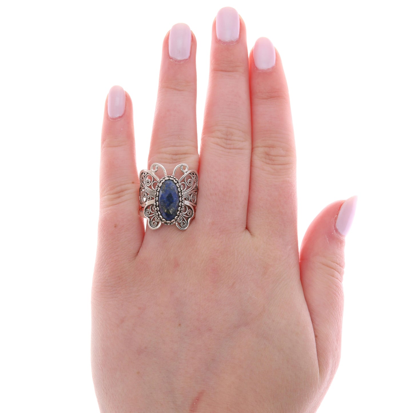 Sterling Silver Oval Checkerboard Cut Lapis Butterfly Ring