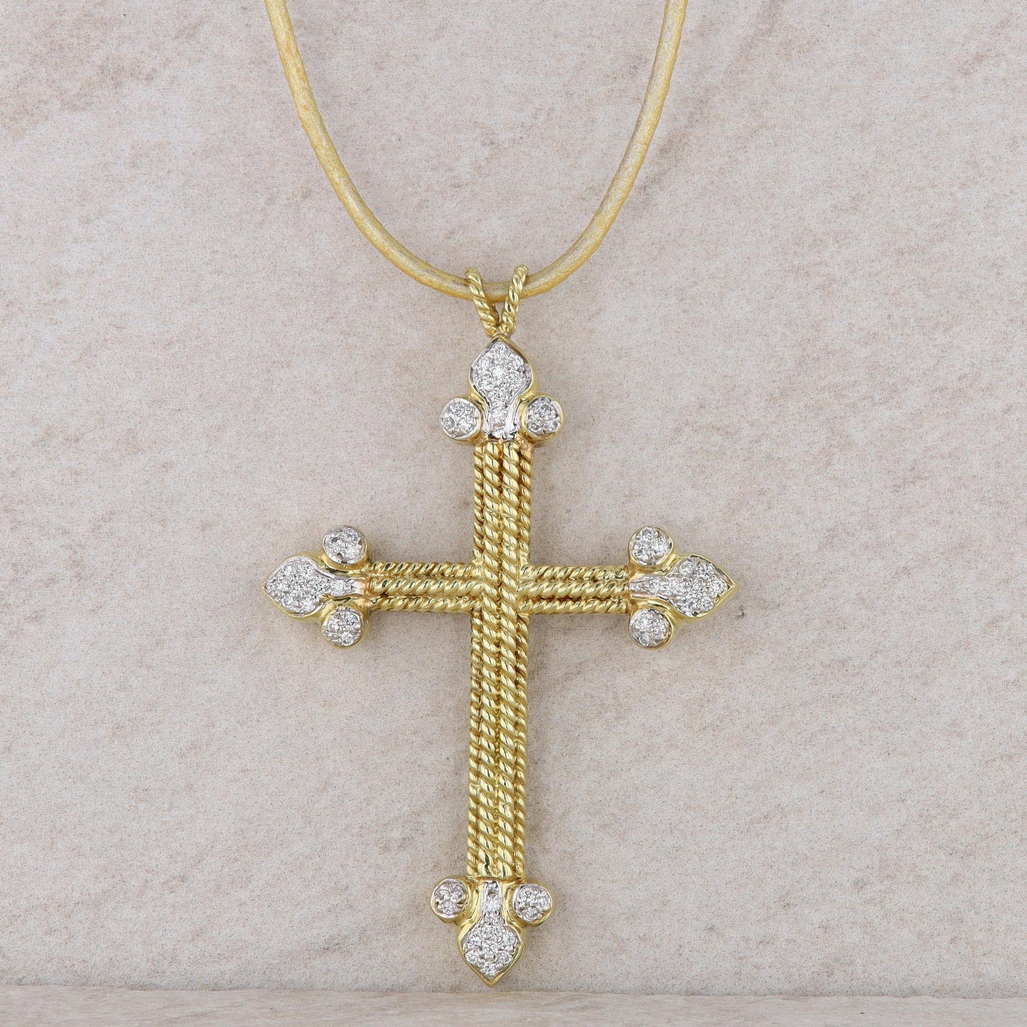 Cassis 18k Yellow Gold Cross Diamond Byzantine Pendant with Leather Cord
