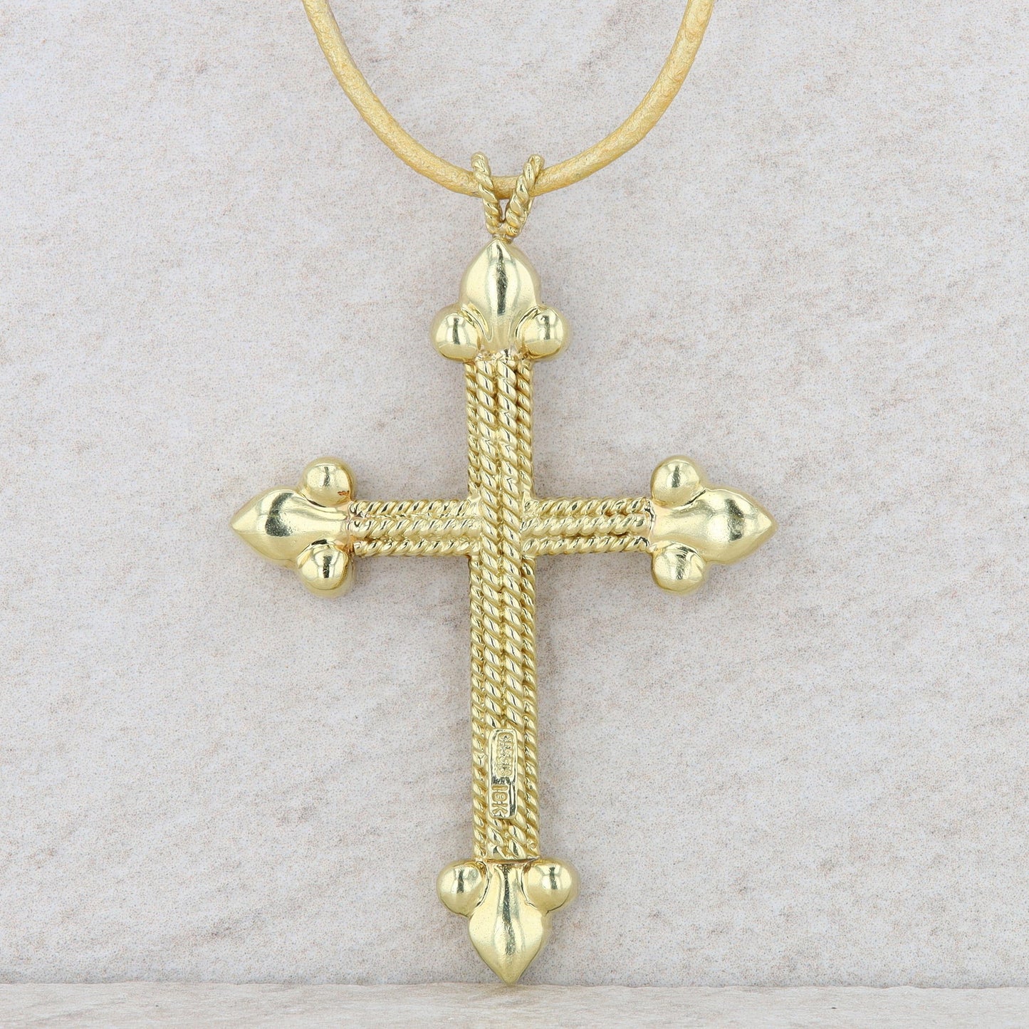 Cassis 18k Yellow Gold Cross Diamond Byzantine Pendant with Leather Cord