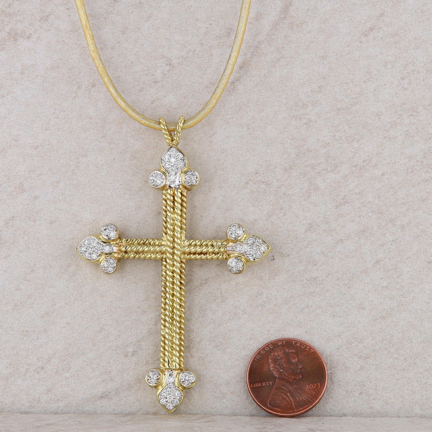 Cassis 18k Yellow Gold Cross Diamond Byzantine Pendant with Leather Cord