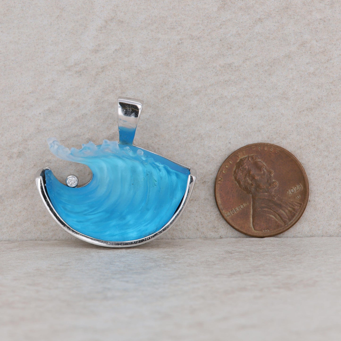 14k White Gold Matt Bezak Large Wave with Diamond Pendant