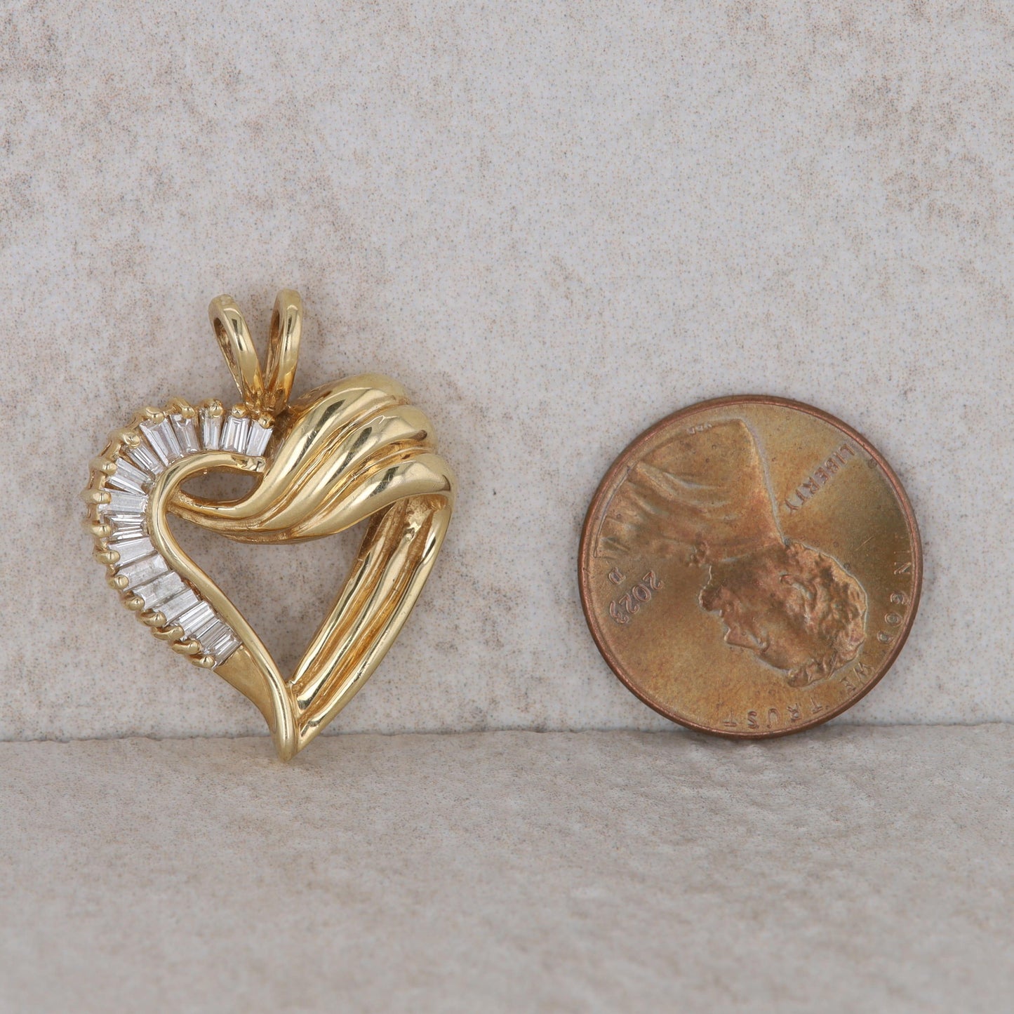 14k Yellow Gold Diamond Baguette Heart Shaped Pendant