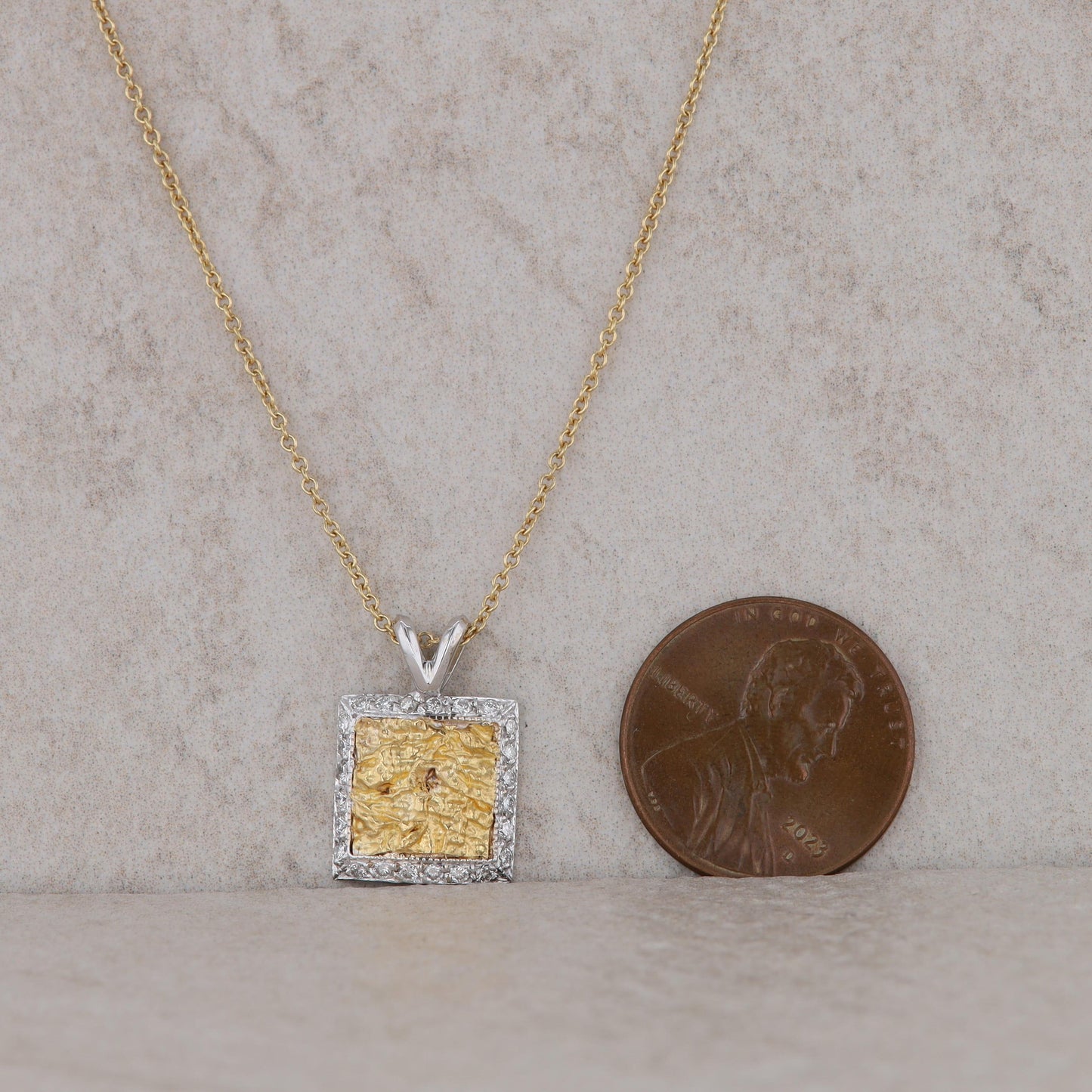 24k and 18k Two Tone Textured Square and Diamond Halo Necklace