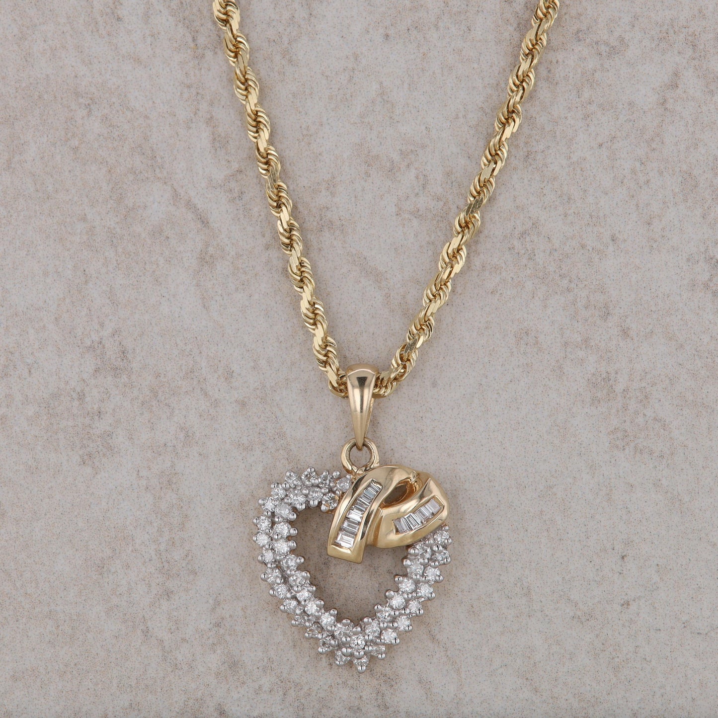 14k Yellow Gold Diamond Heart Pendant and Rope Chain Necklace
