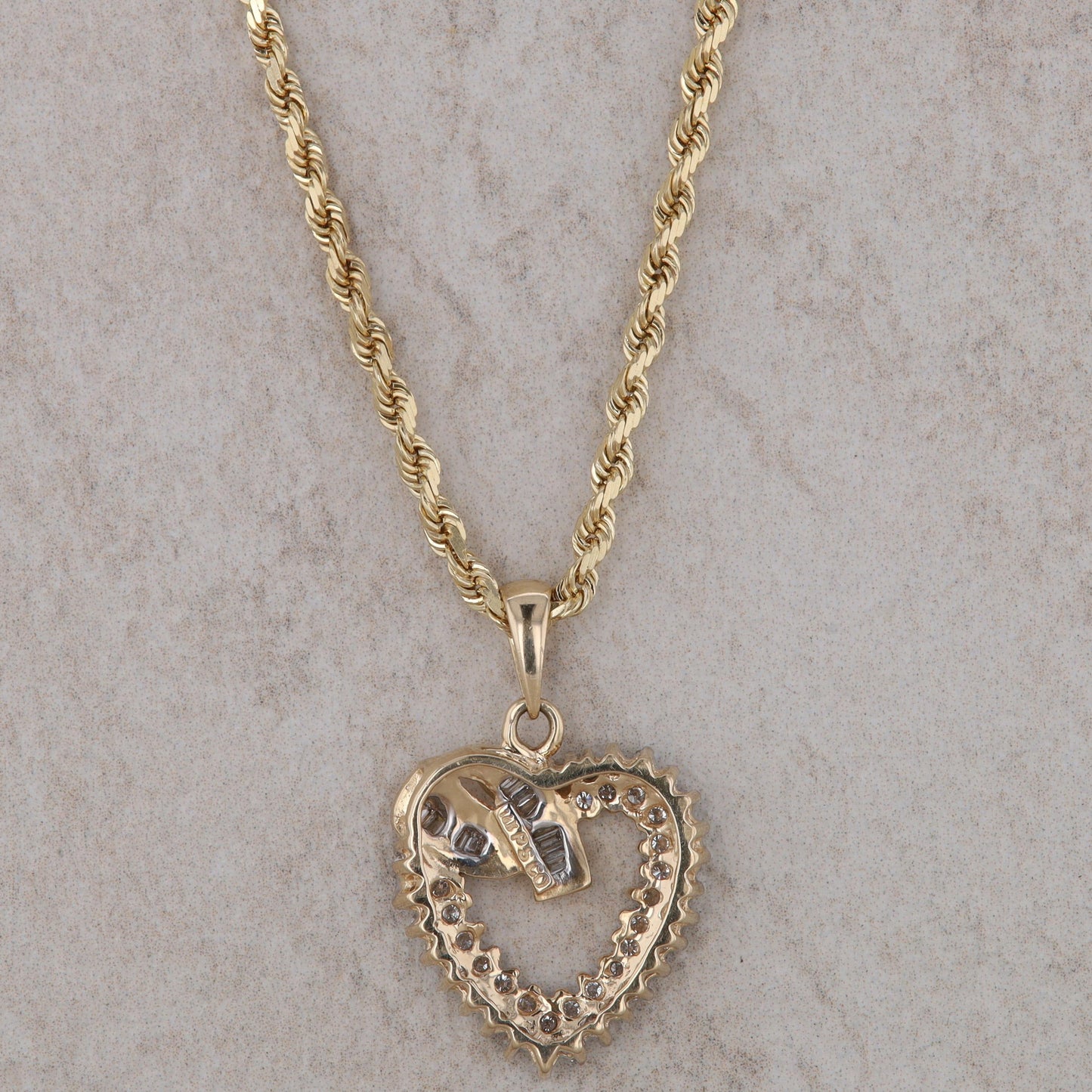 14k Yellow Gold Diamond Heart Pendant and Rope Chain Necklace