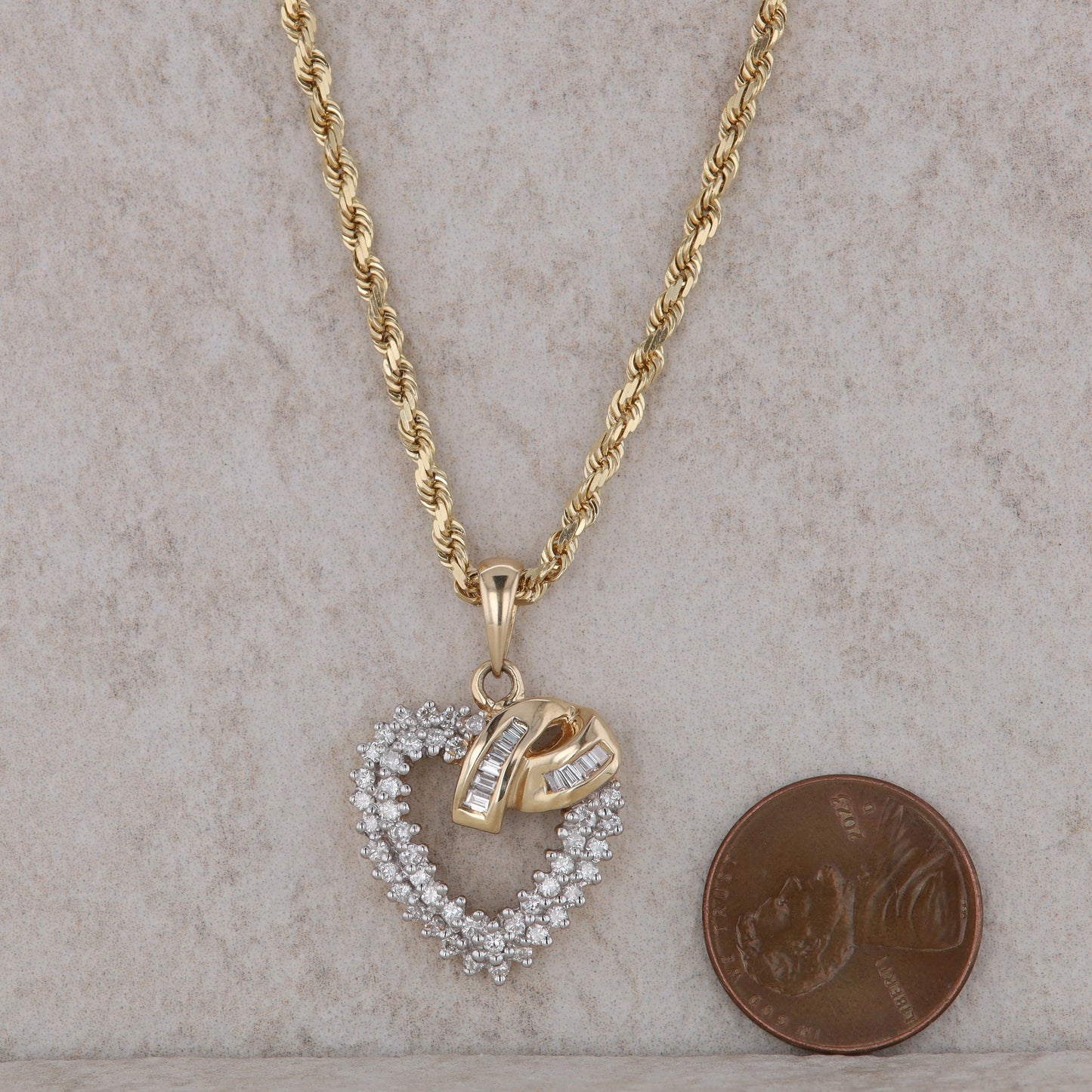 14k Yellow Gold Diamond Heart Pendant and Rope Chain Necklace