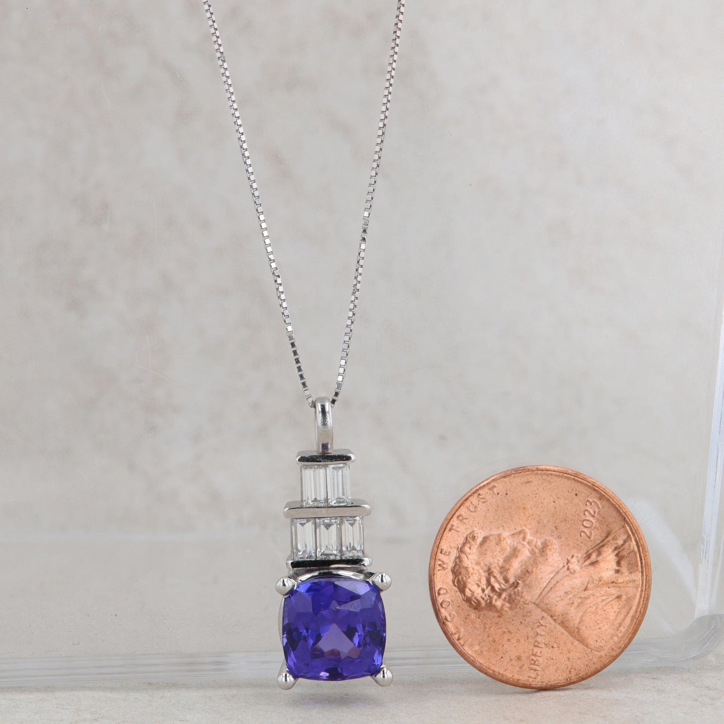 14k White Gold Cushion Tanzanite & Baguette Diamond Tiered Pendant Necklace