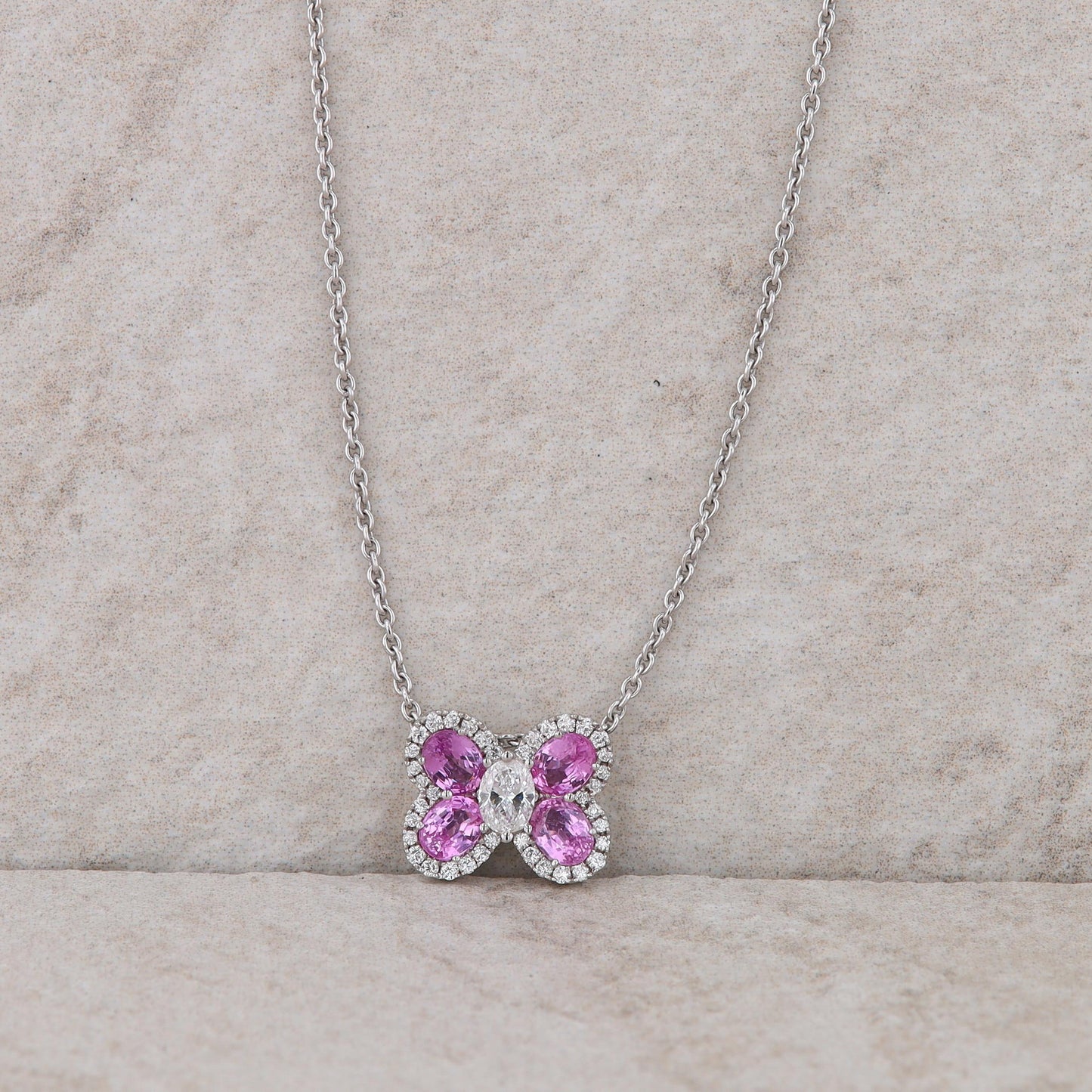 Spark 18k White Gold Pink Sapphire and Diamond Butterfly Necklace