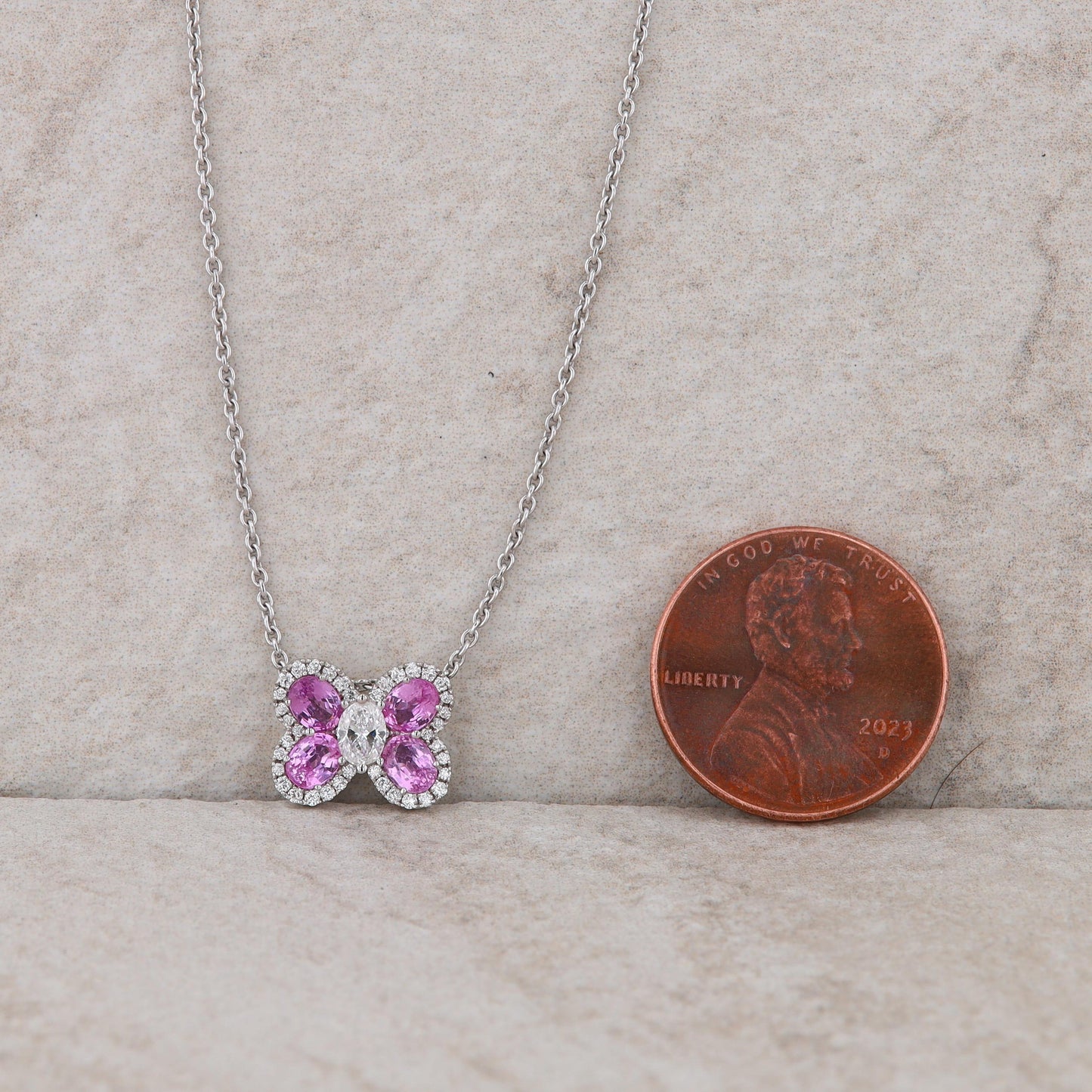 Spark 18k White Gold Pink Sapphire and Diamond Butterfly Necklace