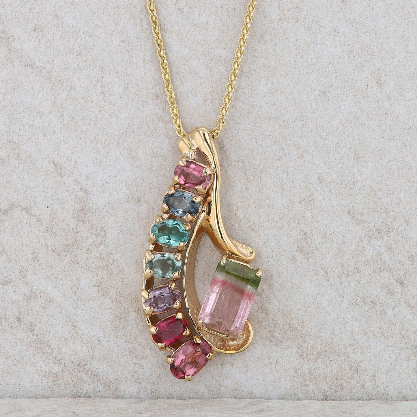 14k Yellow Gold Multi Colored and Watermelon Tourmaline Fanned Necklace
