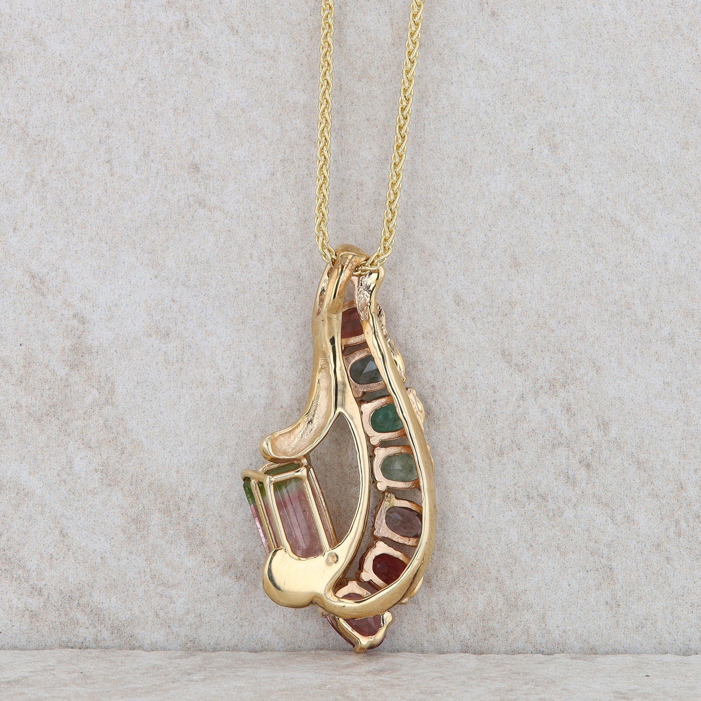 14k Yellow Gold Multi Colored and Watermelon Tourmaline Fanned Necklace