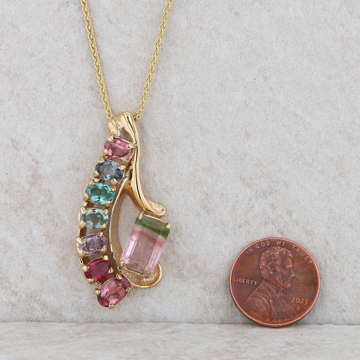 14k Yellow Gold Multi Colored and Watermelon Tourmaline Fanned Necklace